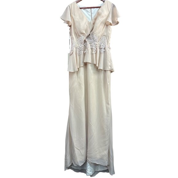 Beige Lace Appliqué Wedding Dress Ruffle Cap Sleeves & V-Neck - Picture 1 of 9